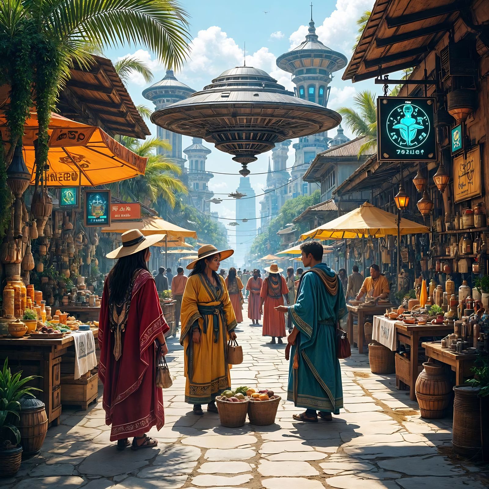 Alien Marketplace in Solarpunk City, Digital Art