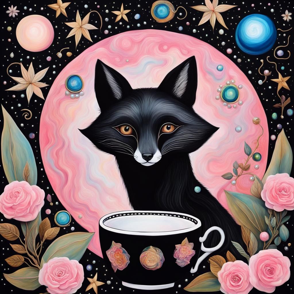 Surreal Black Fox with Celestial Elements