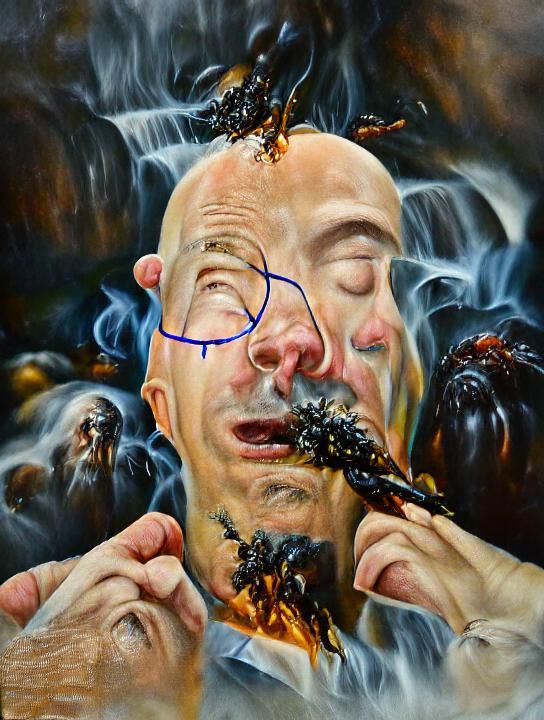 Terrified Bald Man Vomiting Beetles: Hyperrealistic Oil Pain...