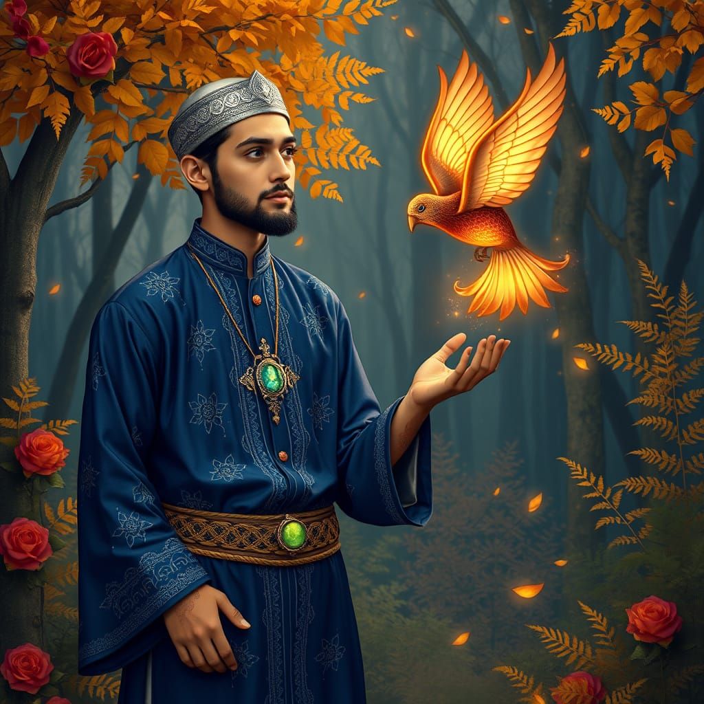 Muslim Scholar in Enchanted Forest, Persian Miniature Style