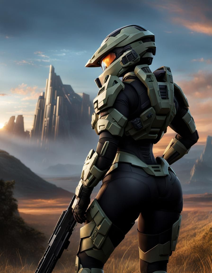 Female Spartan Gazing at Futuristic Sunset