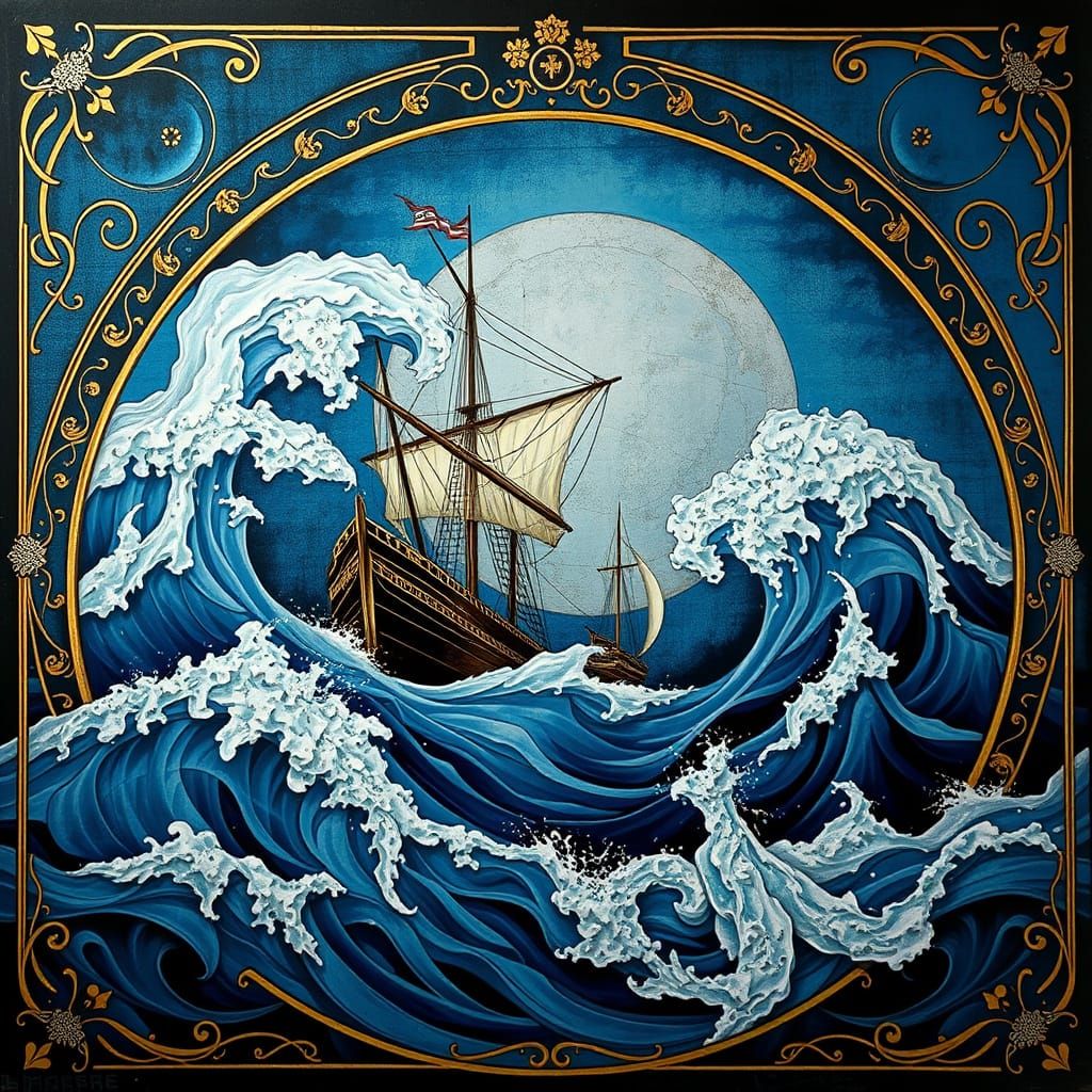 Ethereal Art Nouveau Mural Depicts Turbulent Ocean Scene in ...