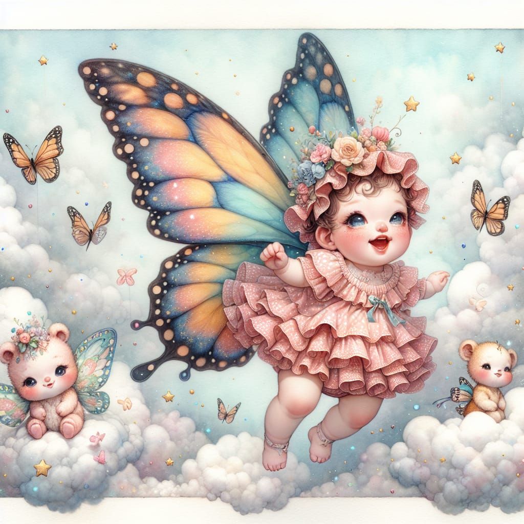 Whimsical Watercolor Baby Soars with Butterfly Wings