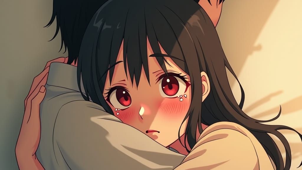 Comforting Embrace: Woman's Tears in Dreamlike Anime Style