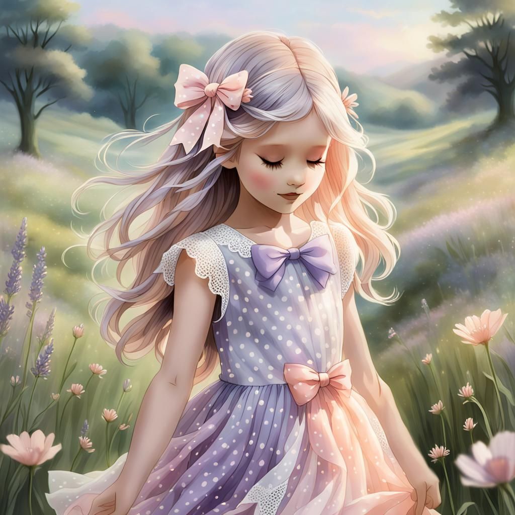 Pastel Meadow: Girl with Kitten in Watercolor Style