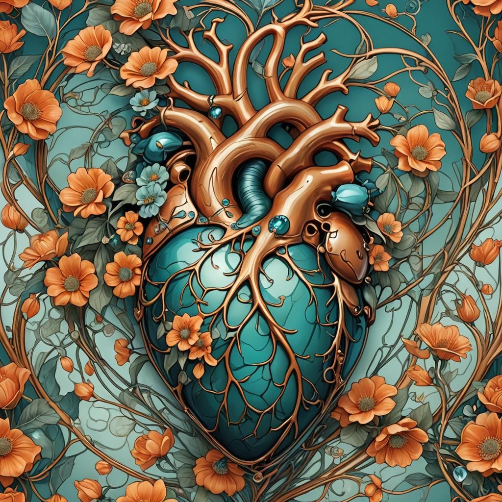 Art Nouveau Heart with Flowers and Jewelry