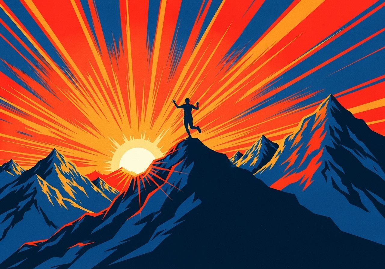 Runner at Mountain Summit at Sunrise Olympic Poster Style