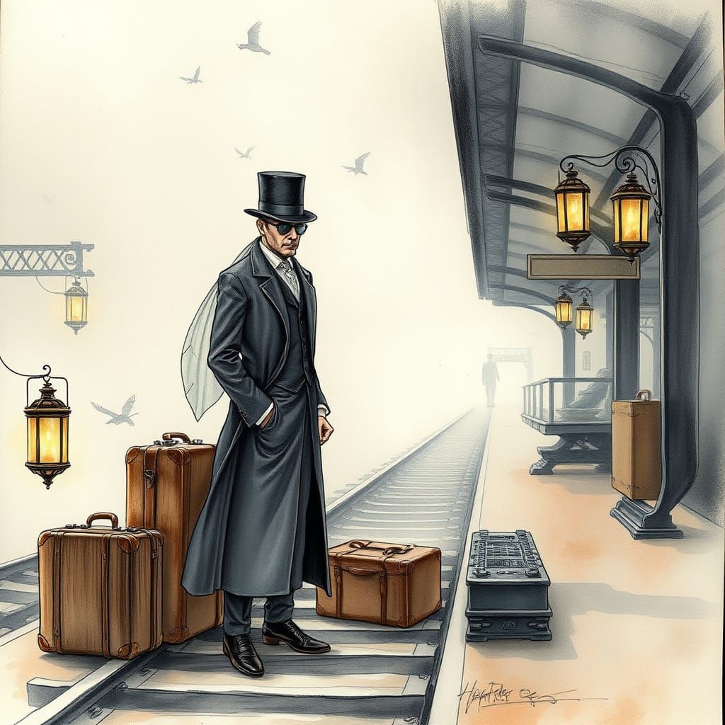 Victorian Insect Man on Misty Railway Platform