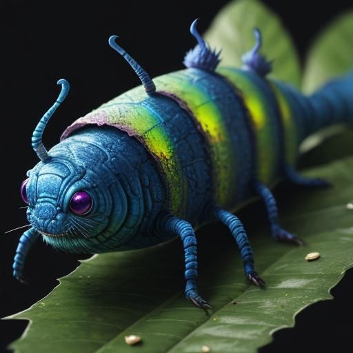 Fluffy Alien Caterpillar on Leaf in Vivid Detail