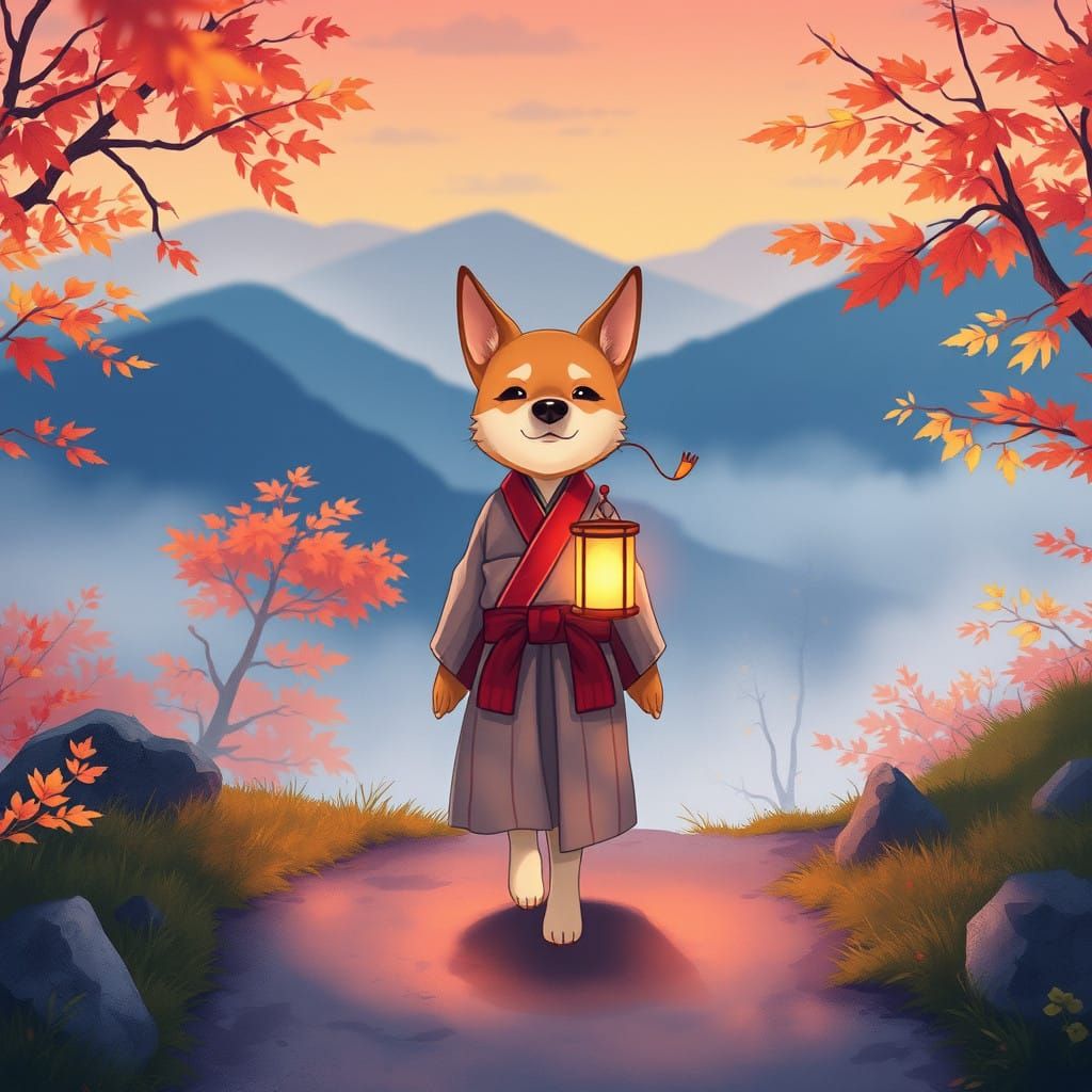 Anime Dog Illuminates Misty Mountain Path