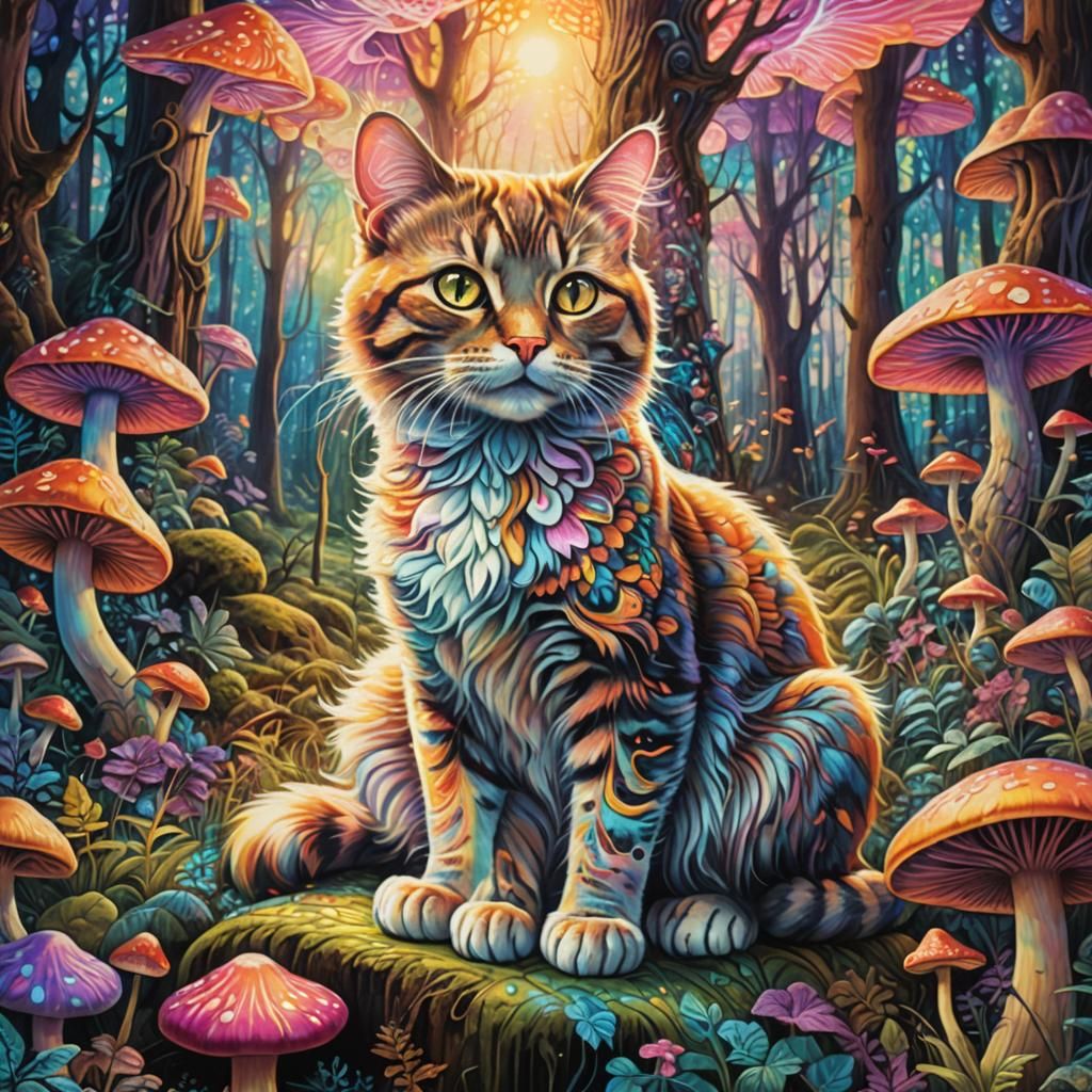 Psychedelic Cat on Mushroom in Dreamlike Forest