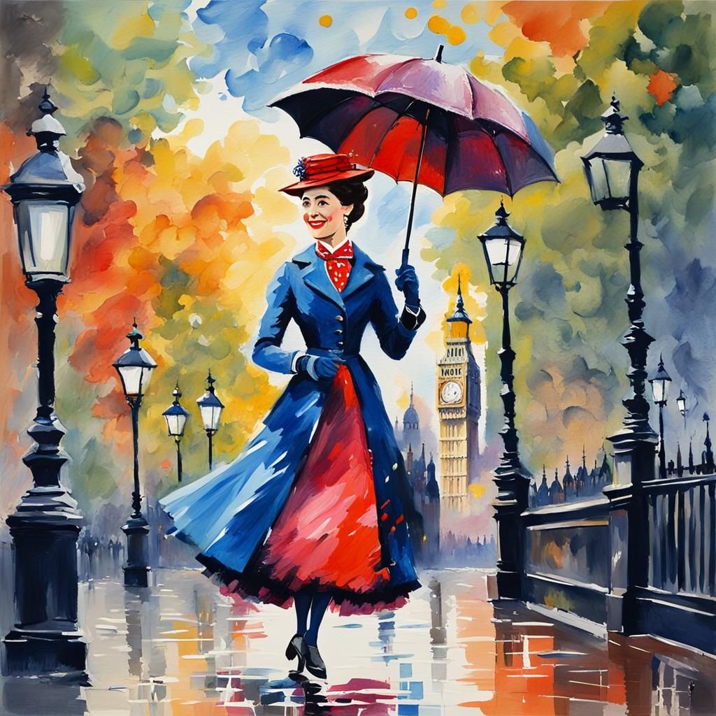 Mary Poppins in London as Gouache Watercolor