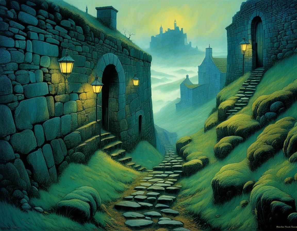 Siblings on Misty Scottish Path in Evening Light