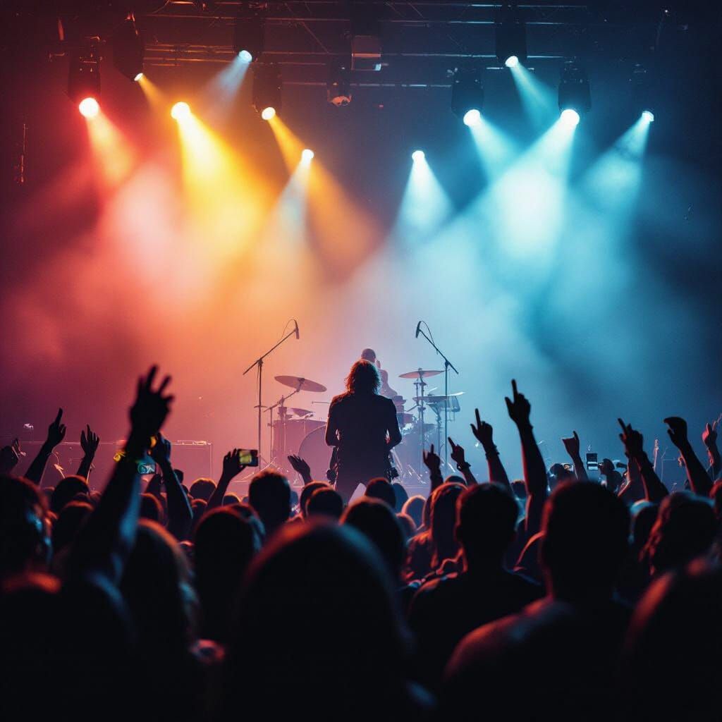 Energetic Concert Crowd Album Cover in Dramatic Lighting
