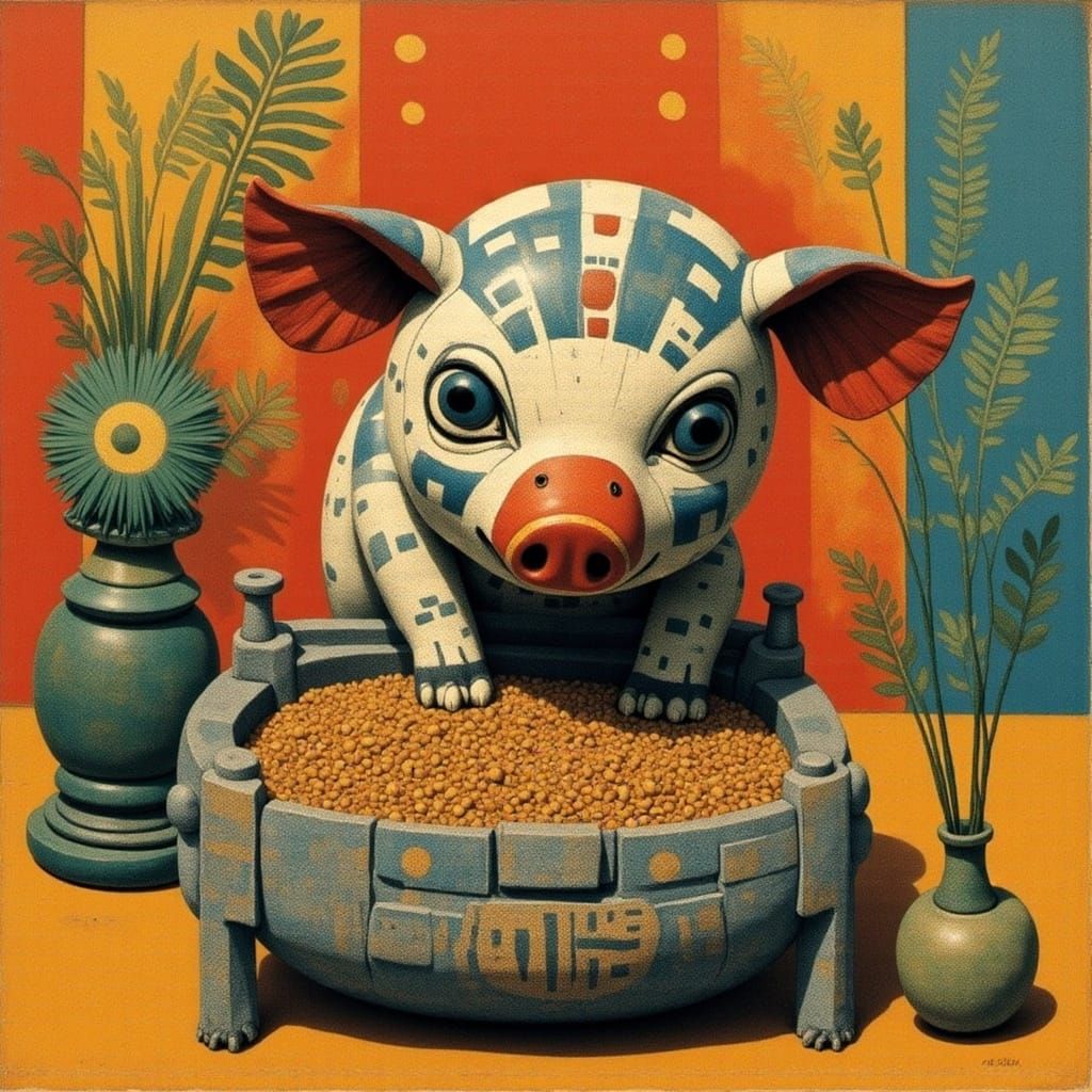 Pig at Trough in Bauhaus Screen Print Style