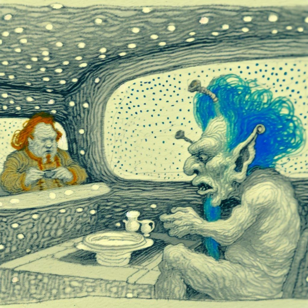 Alien Tea Ceremony in Retro Rocket, Pointillist Sketch