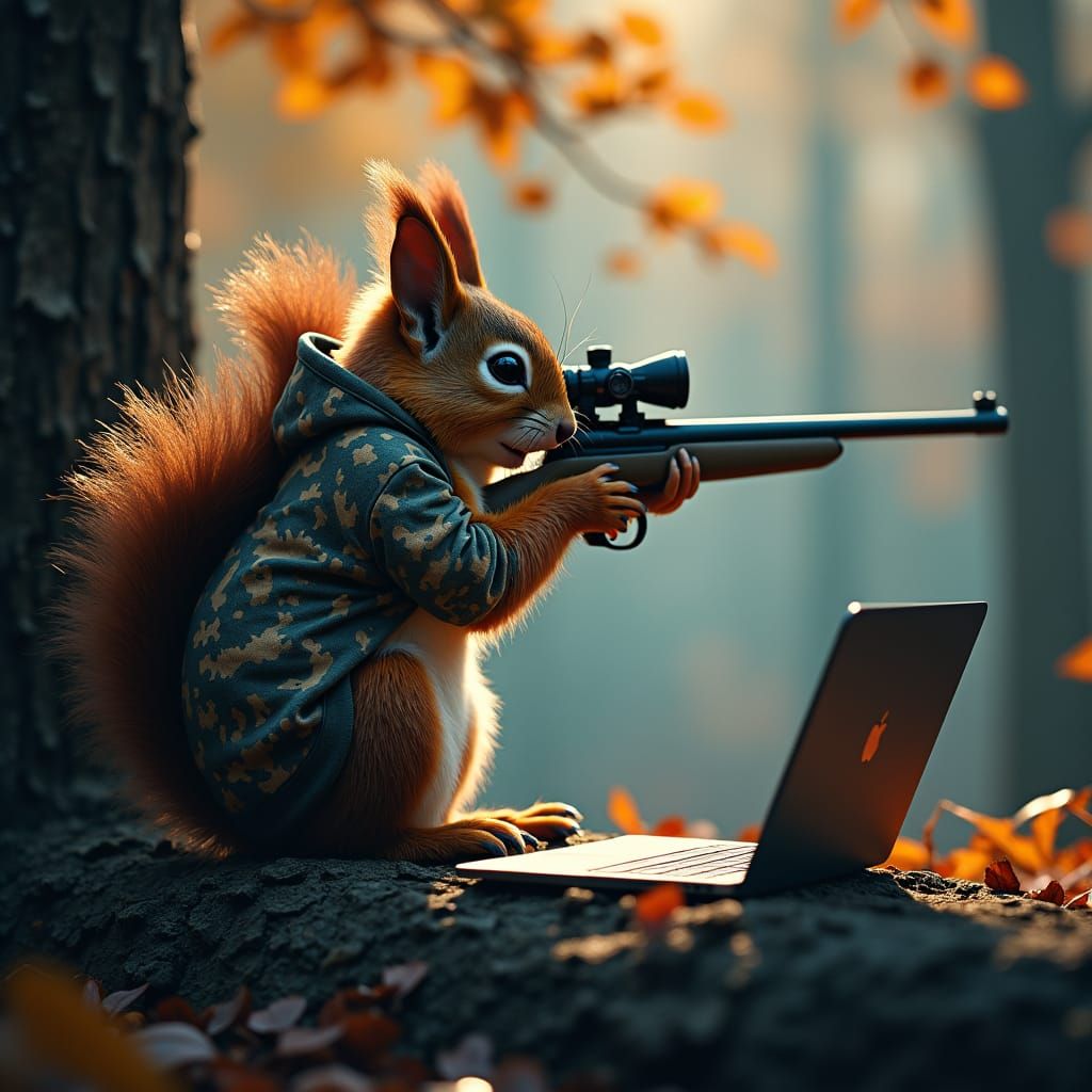Squirrel Hunter in Mystical Autumn Forest, Matte Painting