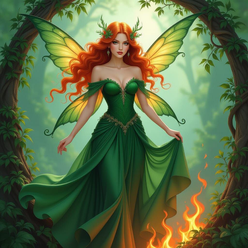 Emerald Fairy with Fiery Hair Amidst Nature and Flames