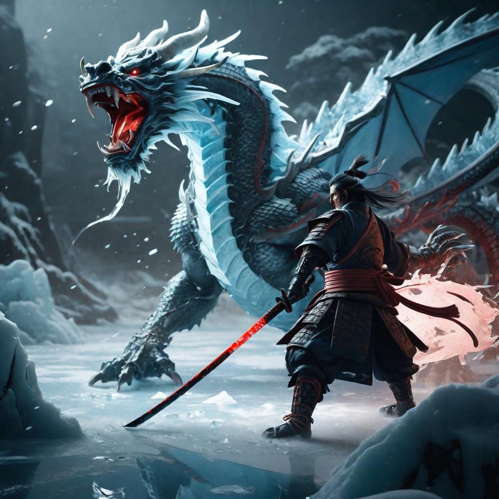 Demonic Samurai vs Ice Dragon: Dark Fantasy Art