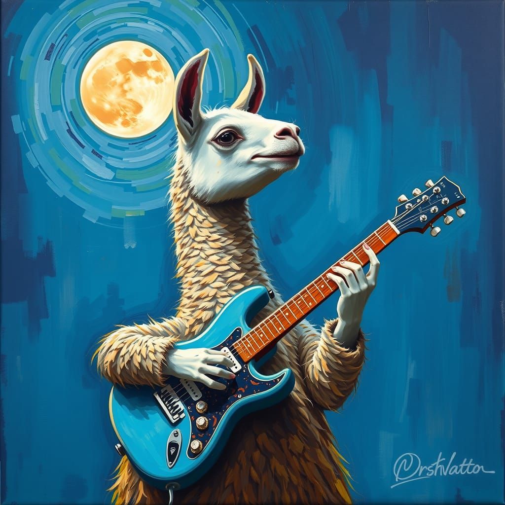 Llama's Moonlit Serenade: Neo-Impressionist Expressionist Oi...