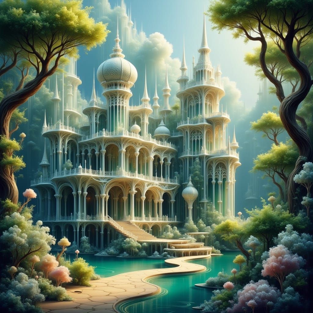 Ethereal Glass Castle in Dreamlike Landscape Style