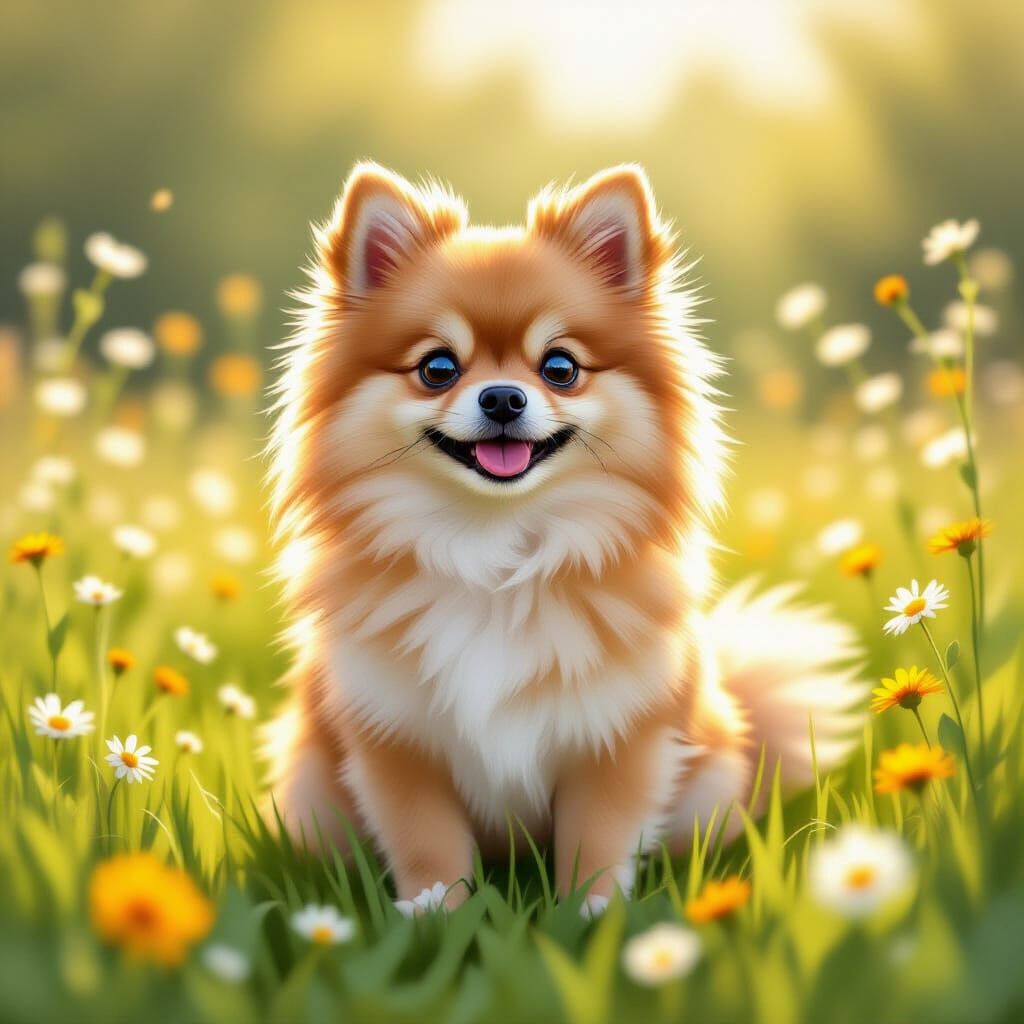 Fluffy Pomeranian in Wildflower Meadow Digital Painting