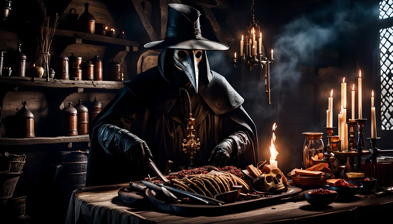 Plague Doctor with Cadaver in Dark Fantasy Art
