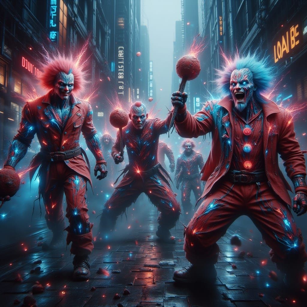 Robot Clowns Invade City Street in Neo-Noir Style