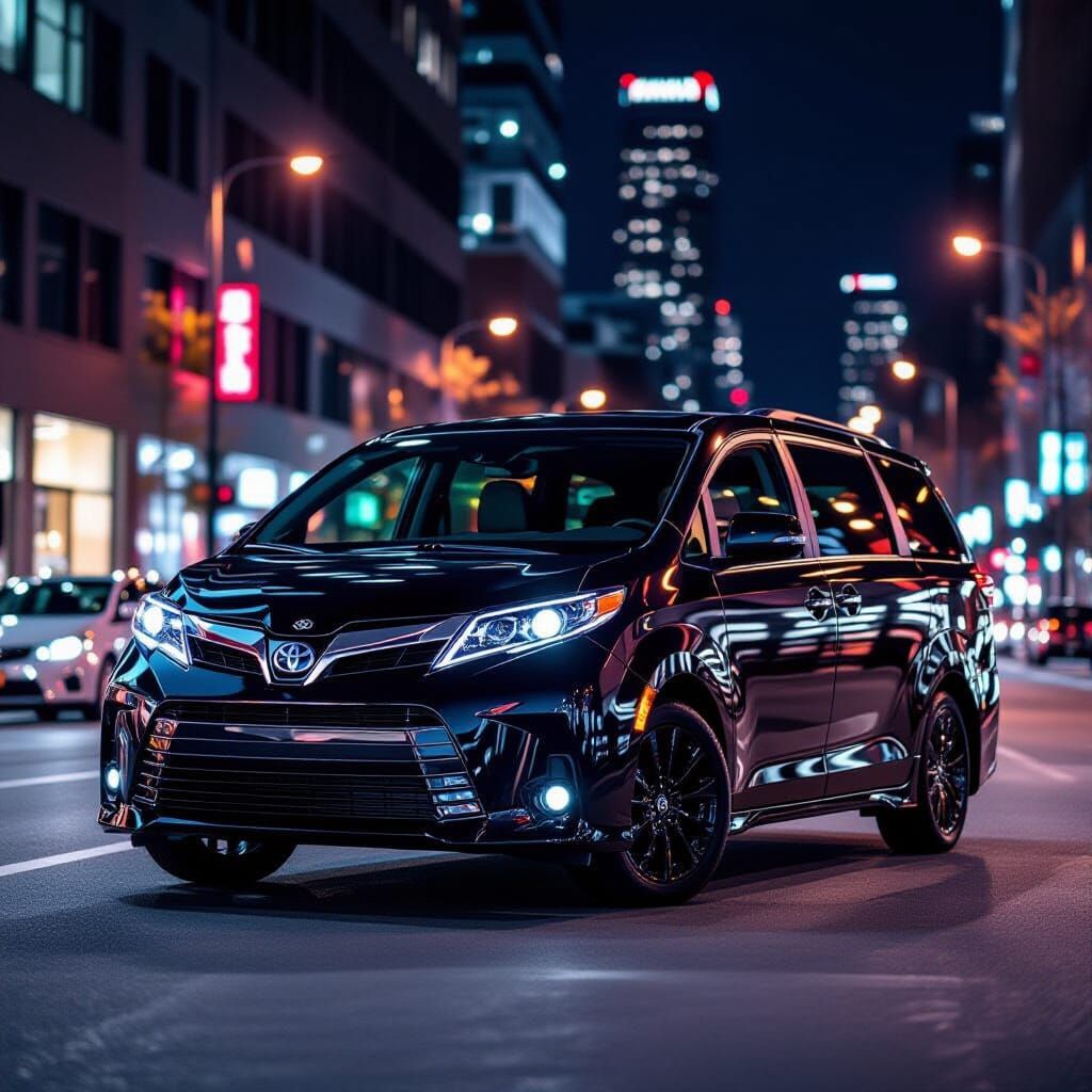 Luxurious Black Toyota Sienna Parked on City Street at Night