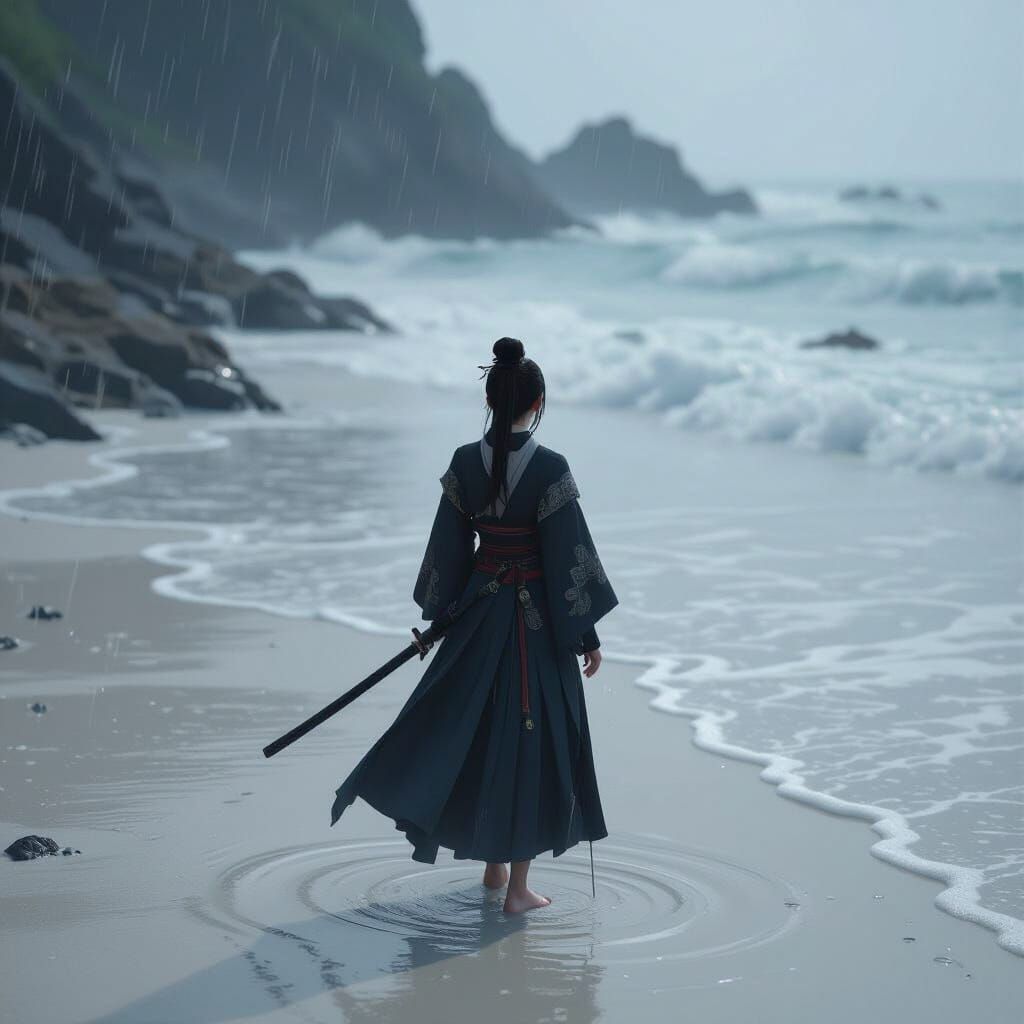 Samurai Woman on Rainy Beach in 3D Anime Style