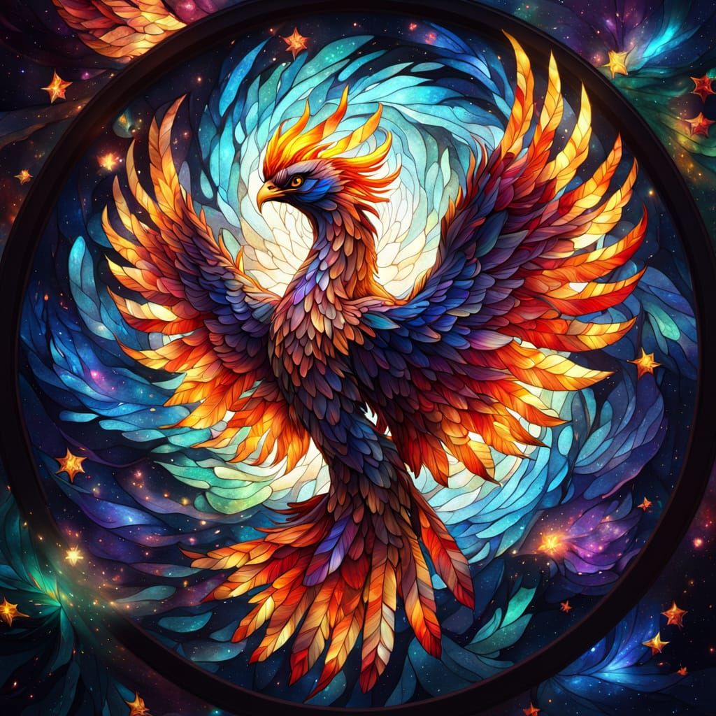 Stained Glass Phoenix Soaring Through Nebula