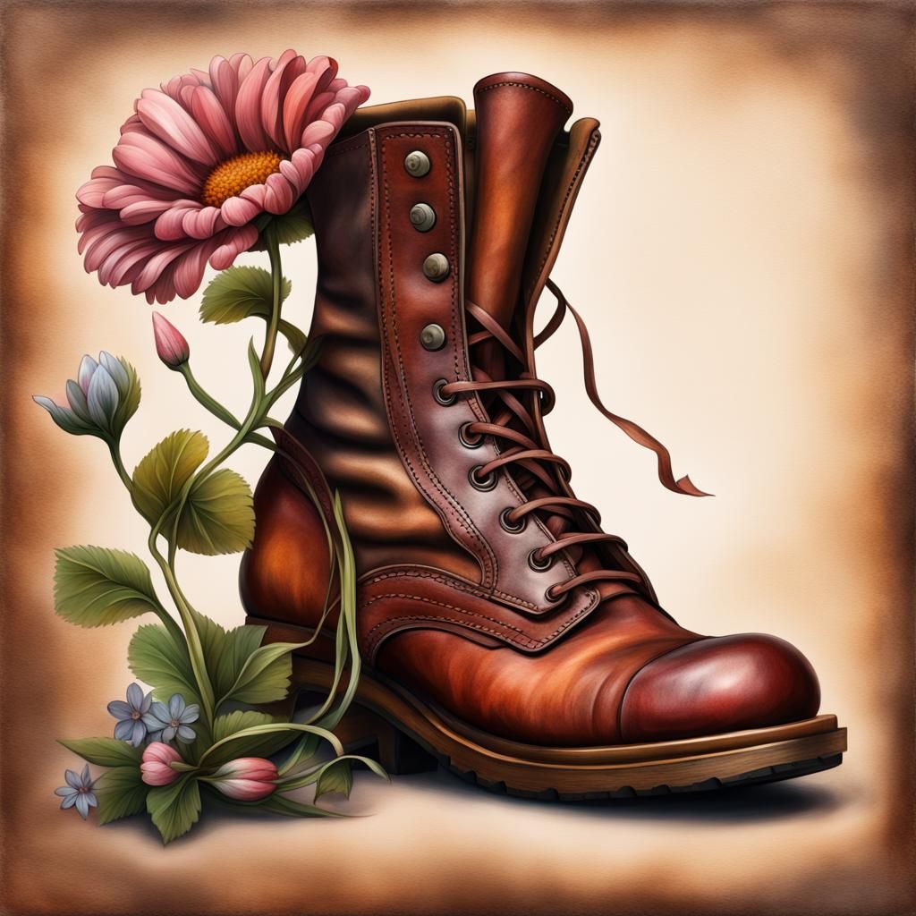 Leather Boot with Flower, Detailed 8K Painting