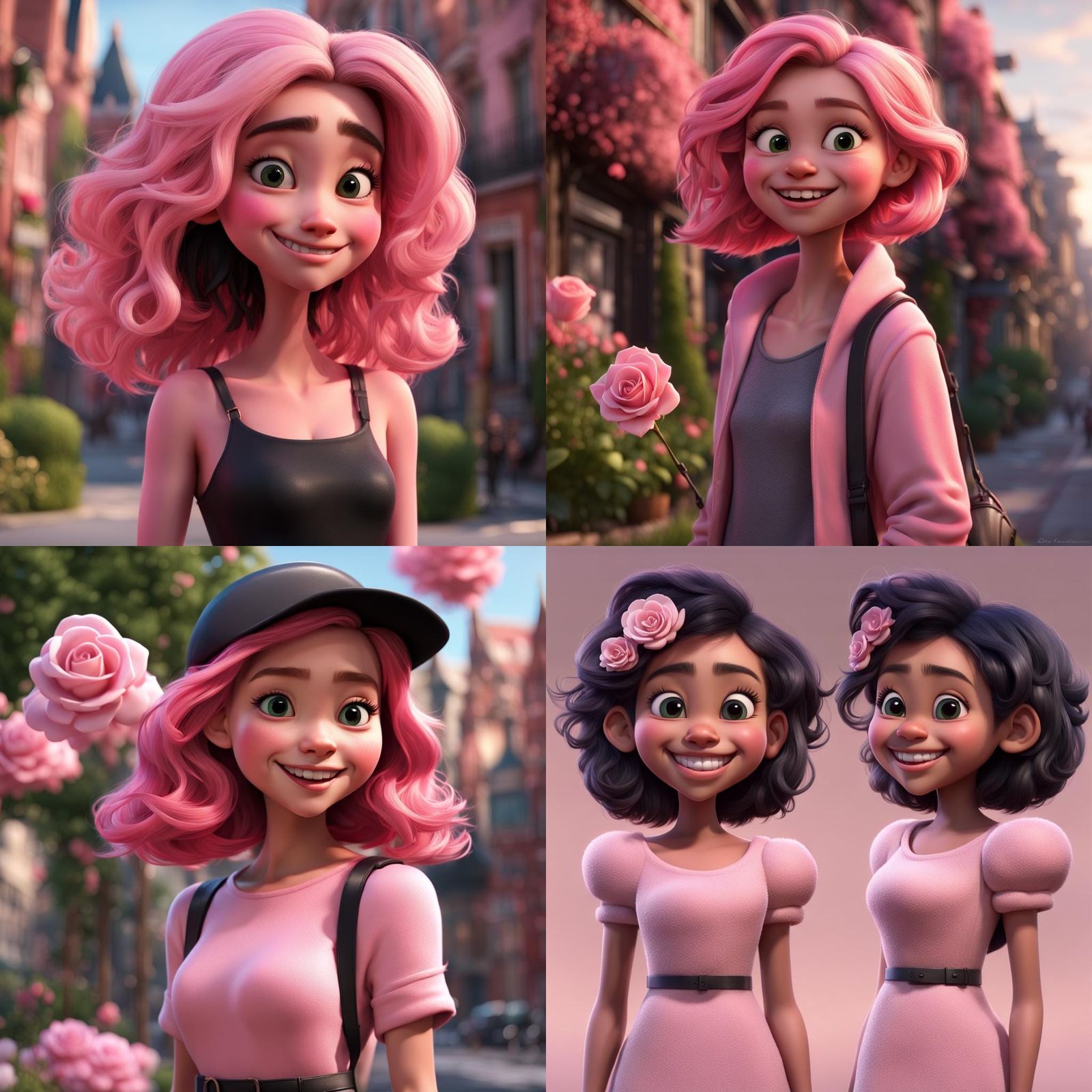 Pink-Haired Girl in Crowded City: 3D Digital Art