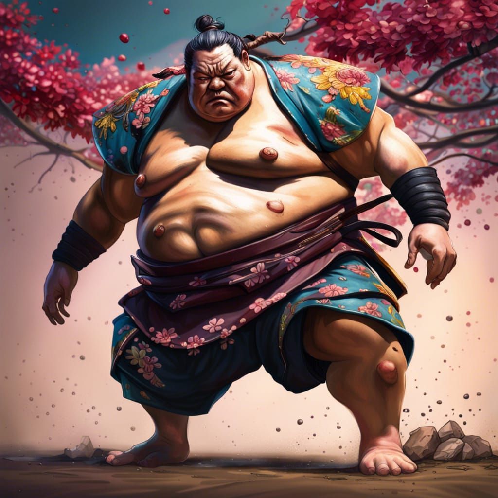 Sumo Warrior in Mortal Combat Under Cherry Blossoms