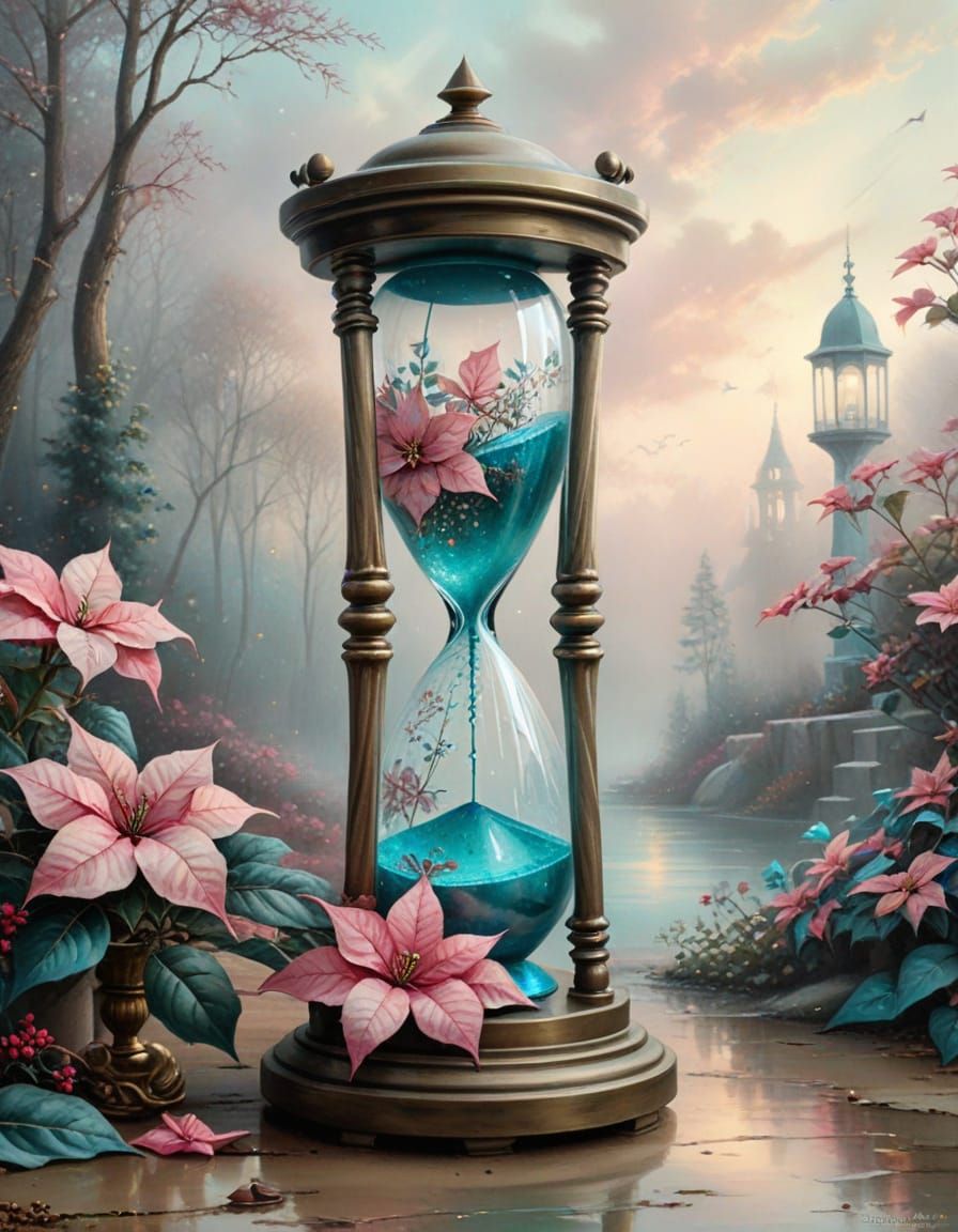 Antique Hourglass with Pink and Teal Poinsettias