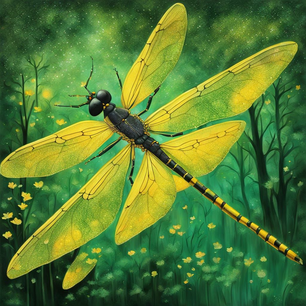 Dragonflies in a Bosch-Inspired Dichromatic Oil Painting