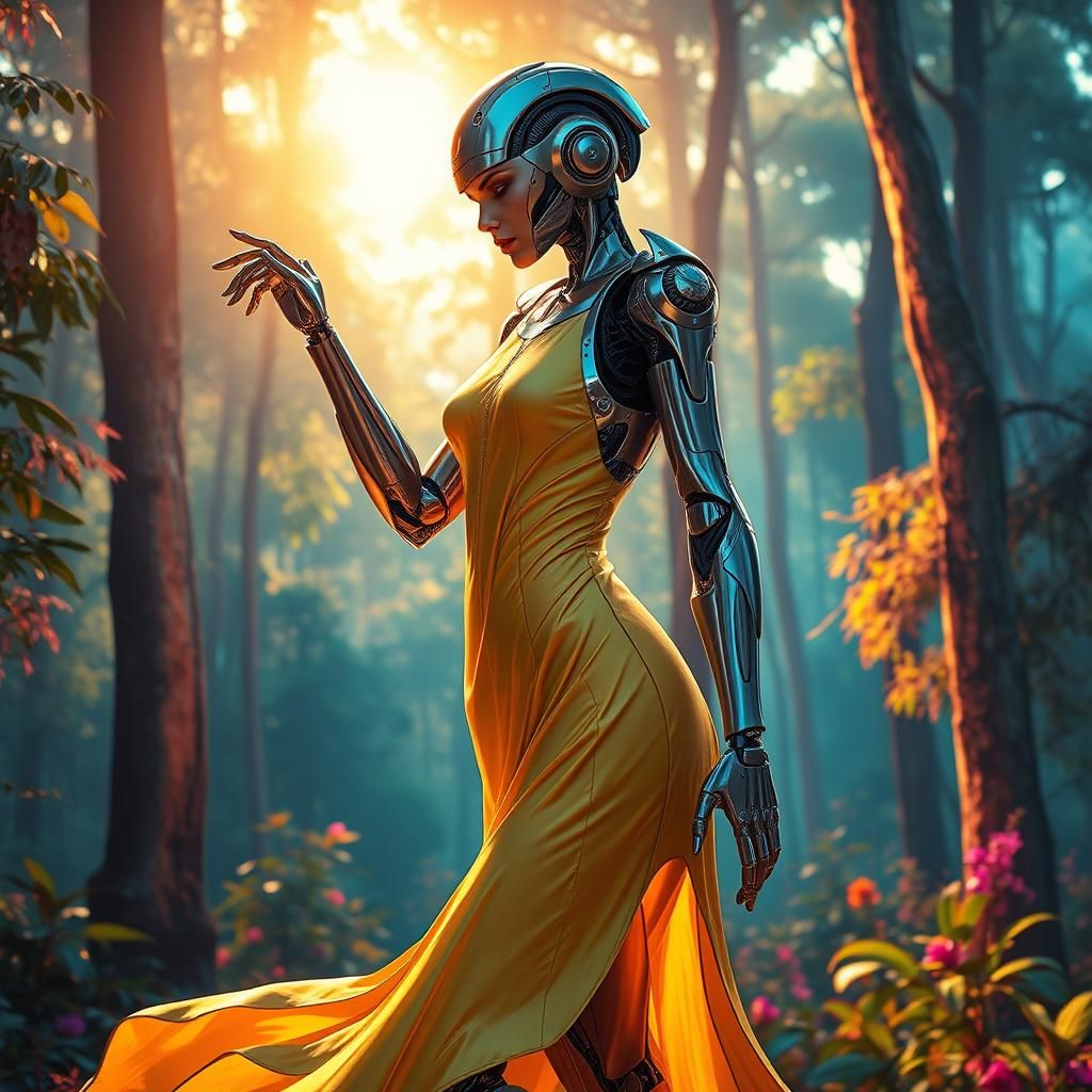 Cyberpunk Robot Woman Dancing in Forest