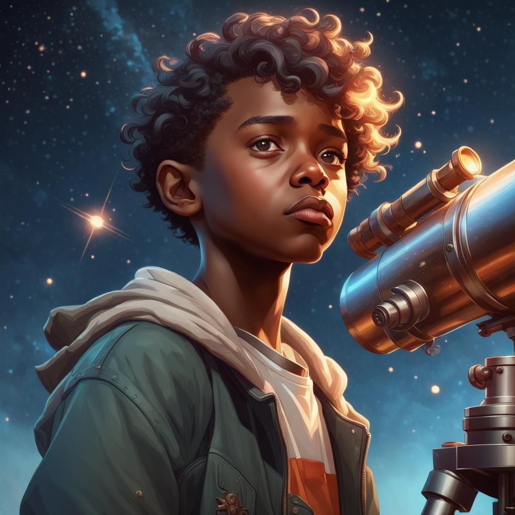 Young Boy Gazing at Stars: Digital Art Portrait