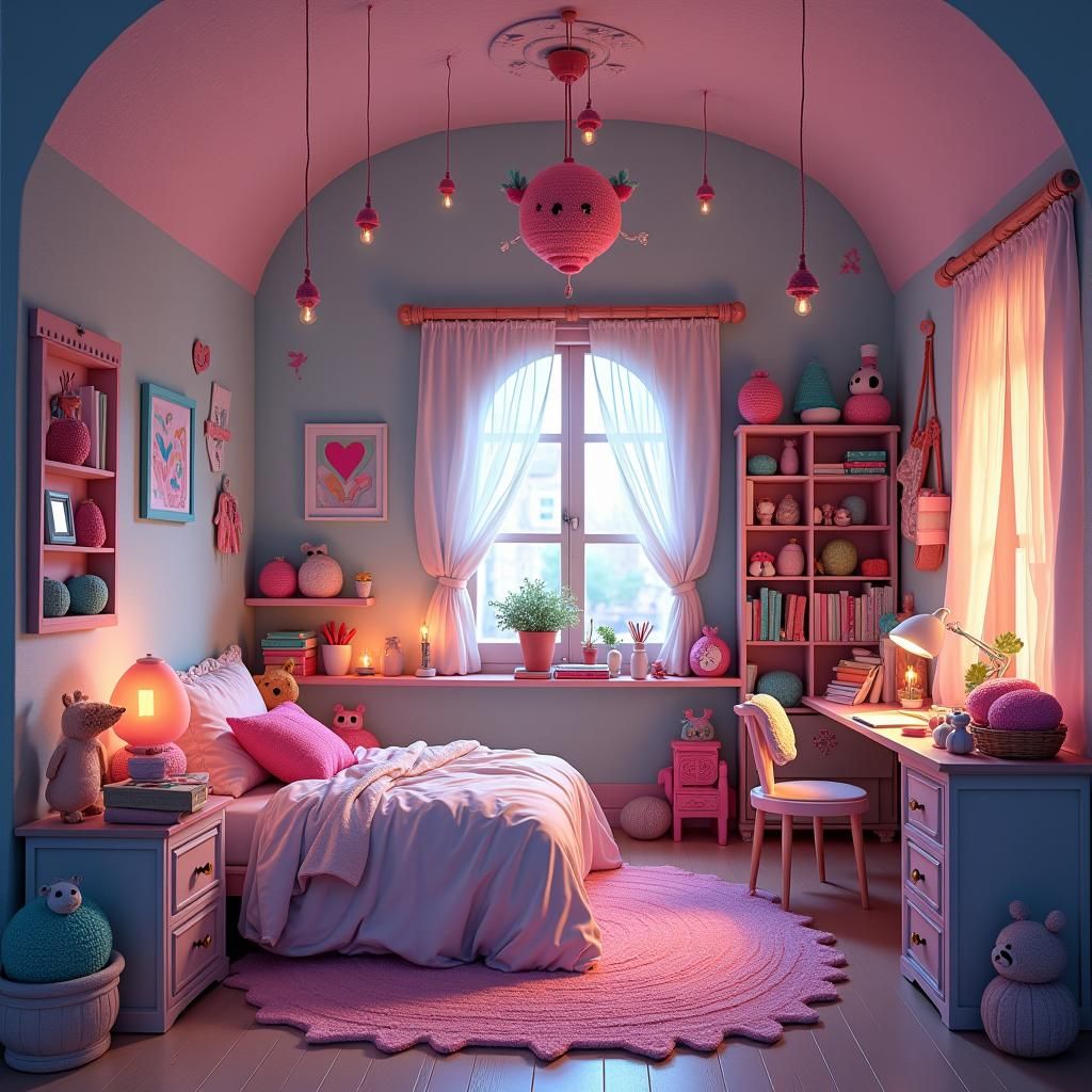 Anime Bedroom with Crochet Studio in Pastel Hues