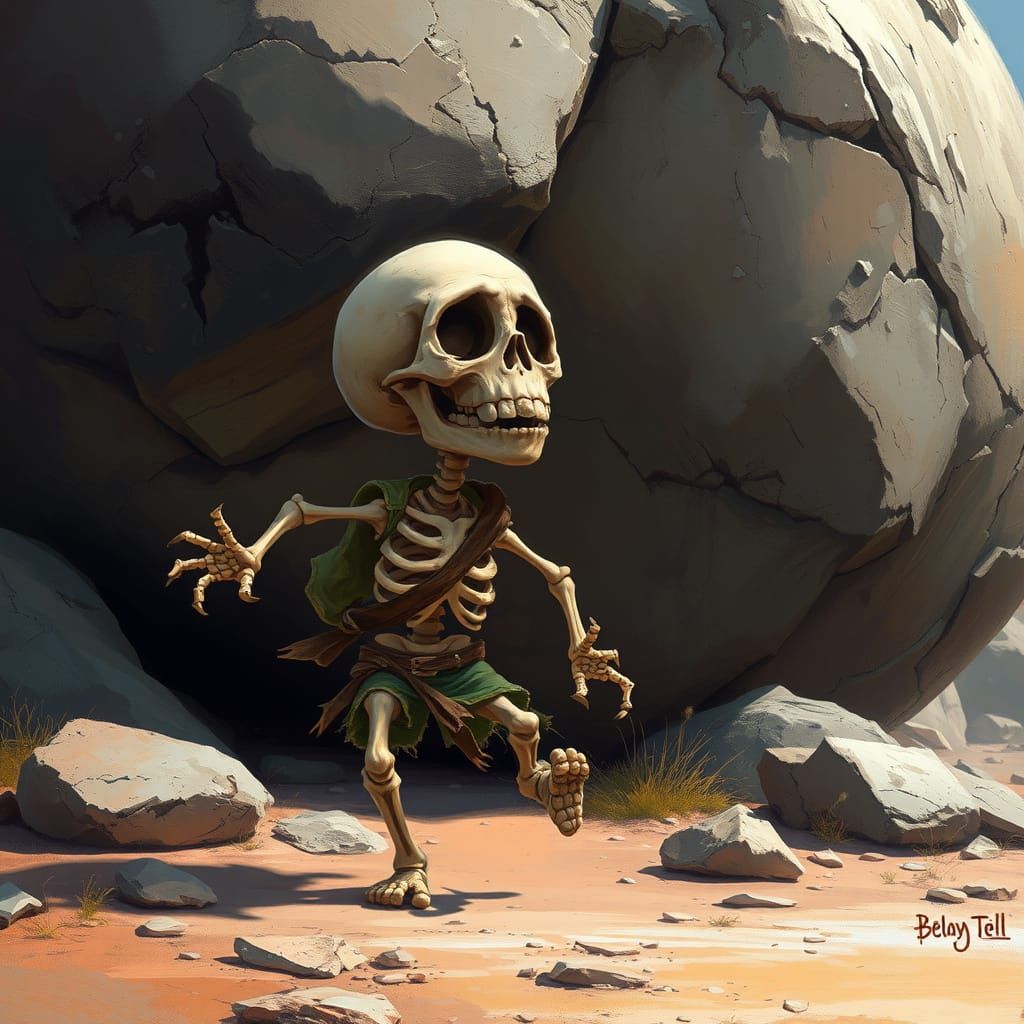 Cartoon Skeleton Running From Boulder, Digital Art