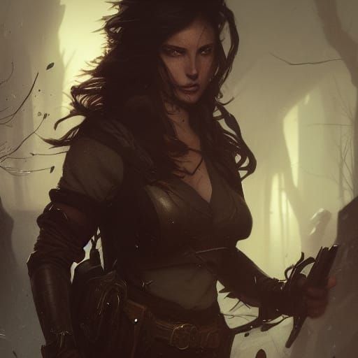 Brunette Huntress in Dark Armor: A Dark Fantasy Concept