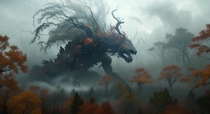 Autumn Wind Creature Tornado in a Devastated Forest