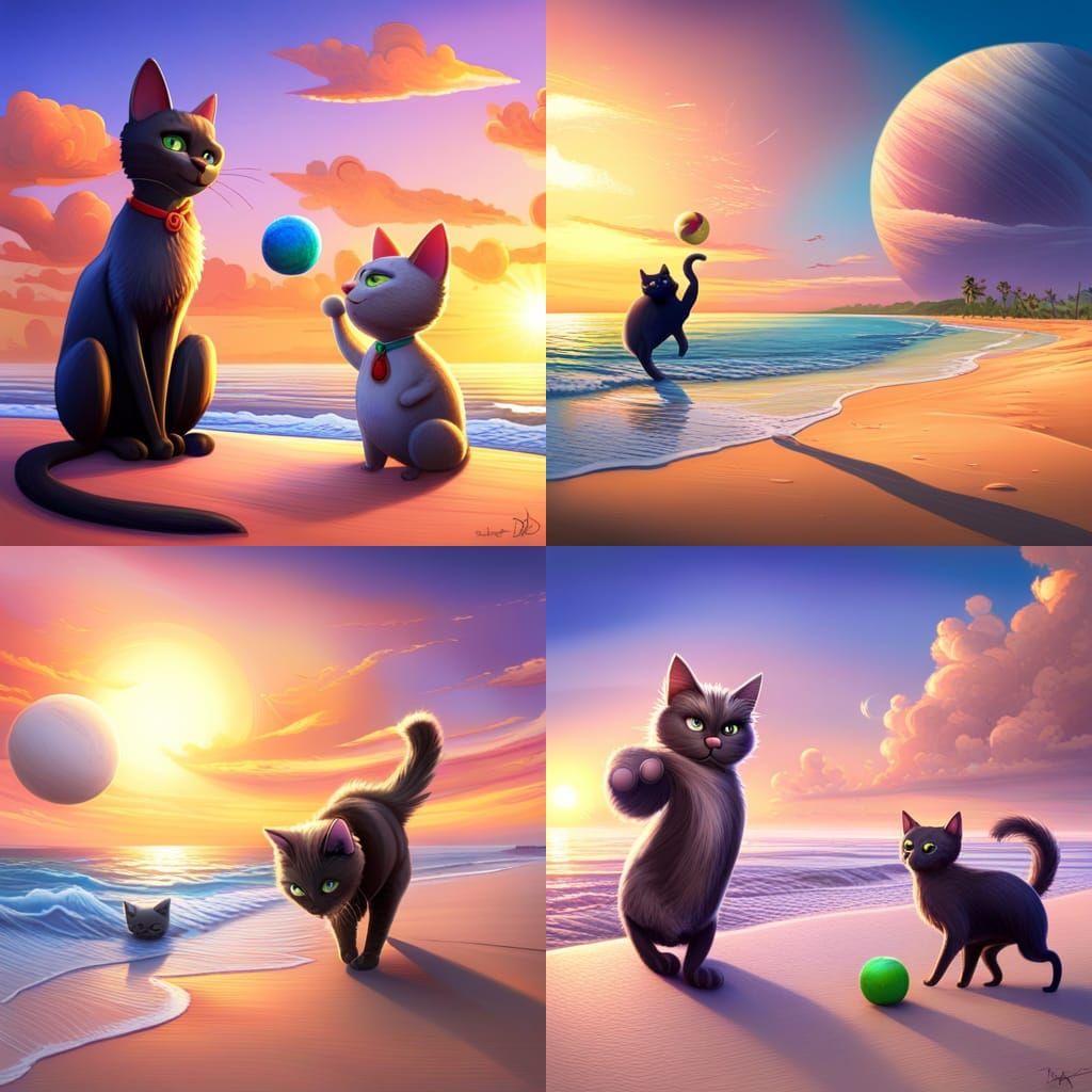 Cats Playing on Beach in 3D Style