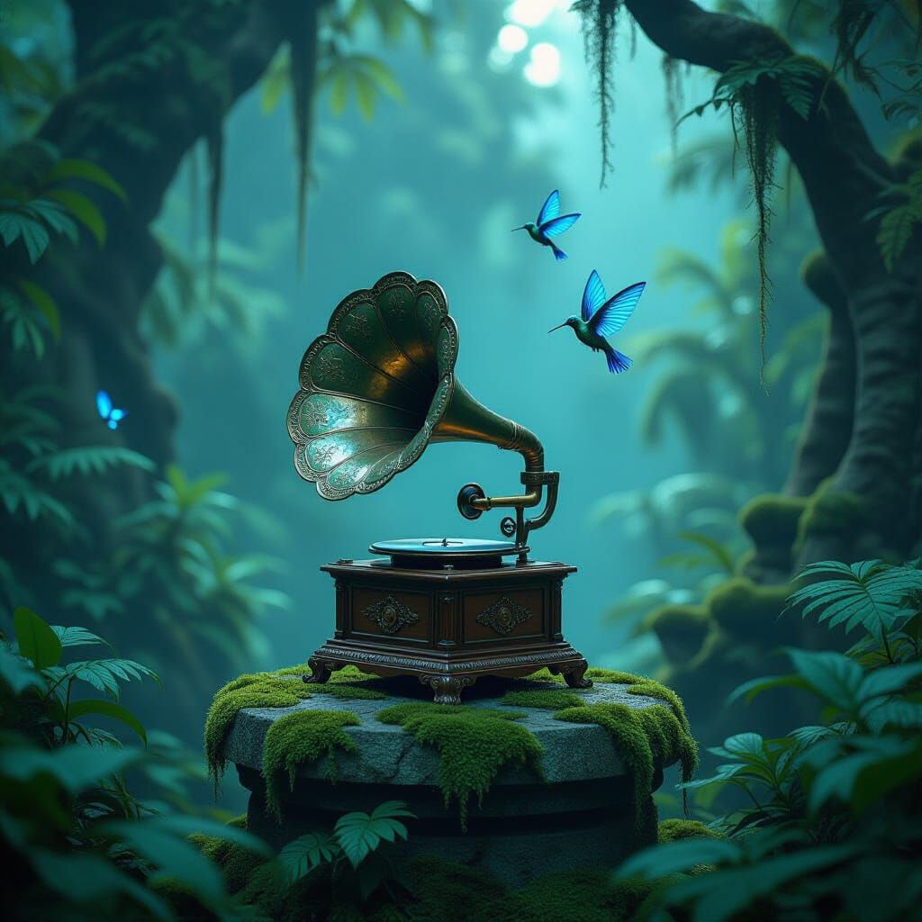 Antique Gramophone in Alien Jungle with Bioluminescent Flora