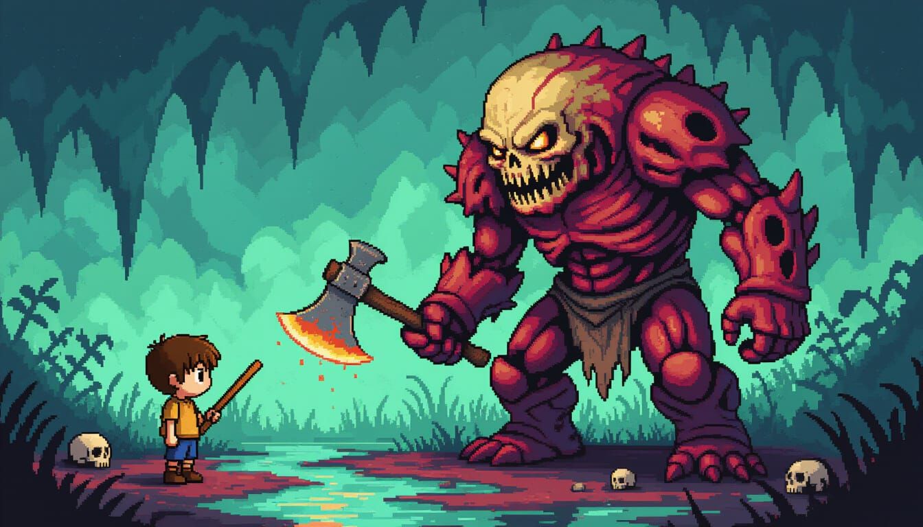 Pixel Art Retro Game Fight: Boy vs Abomination