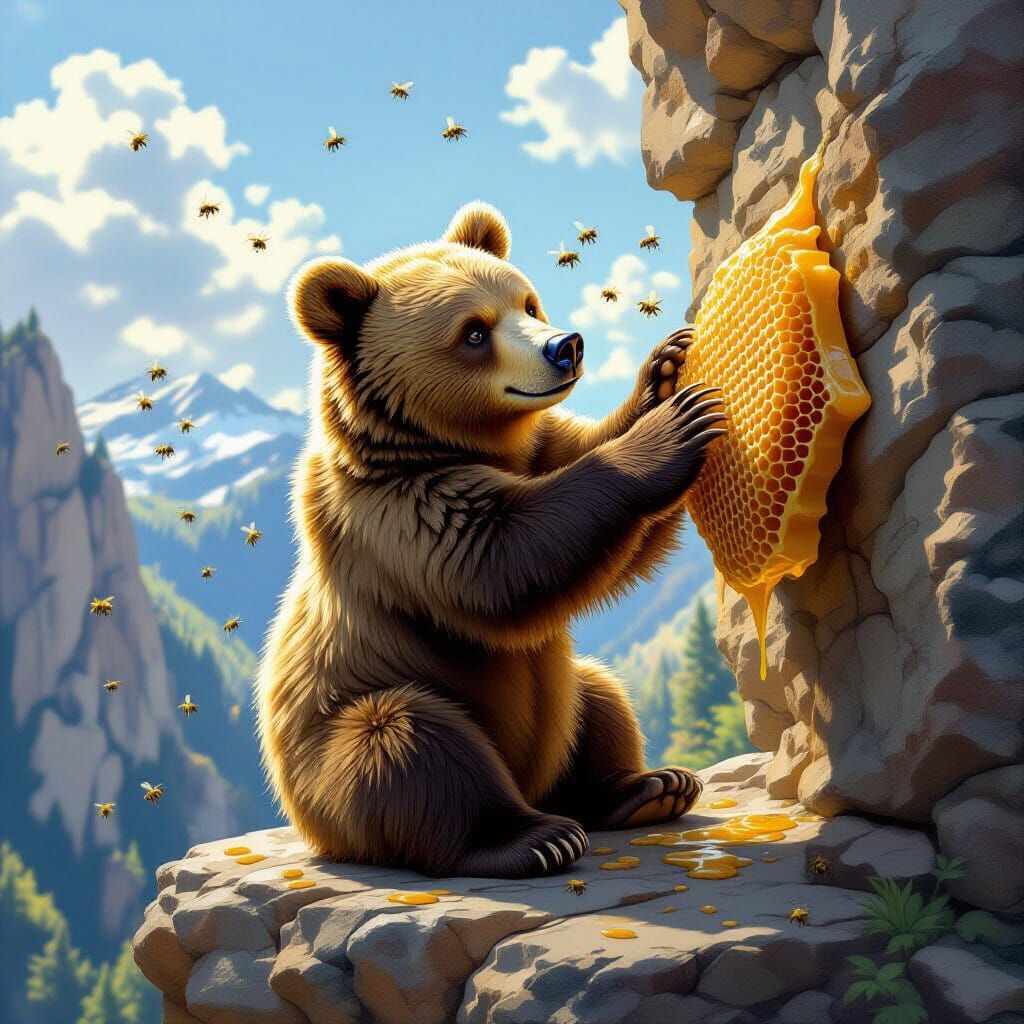Brown Bear Reaching for Honeycomb at Cliff Edge
