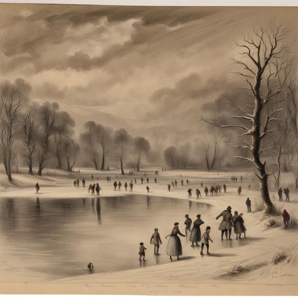 Ice Skaters on Frozen Lake: 19th Century Charcoal Drawing