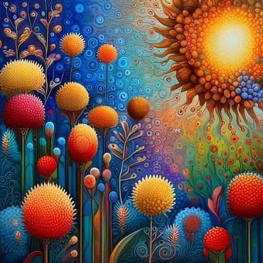 Fantasy Garden with Smiling Suns: Mixed Media Painting