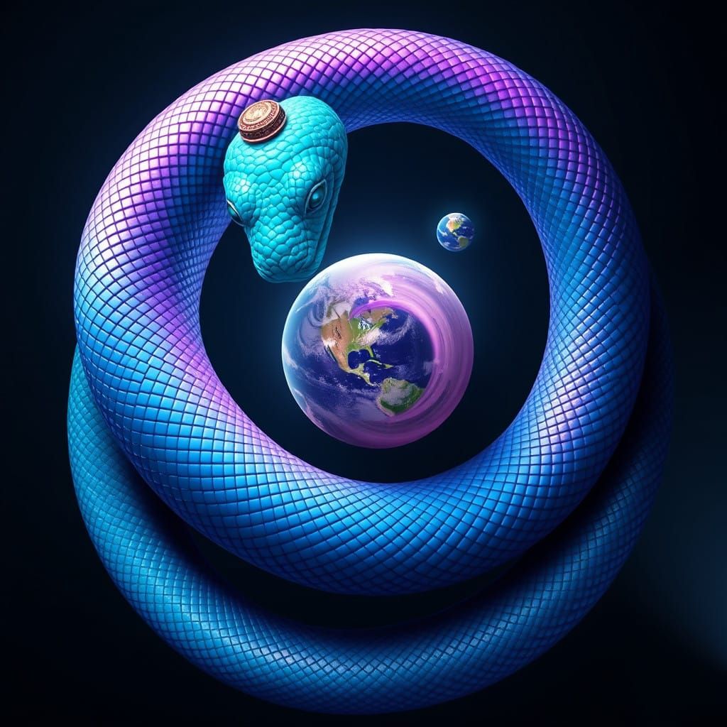 Snake Goddess Adorns Celestial Planet with Ethereal Gaze