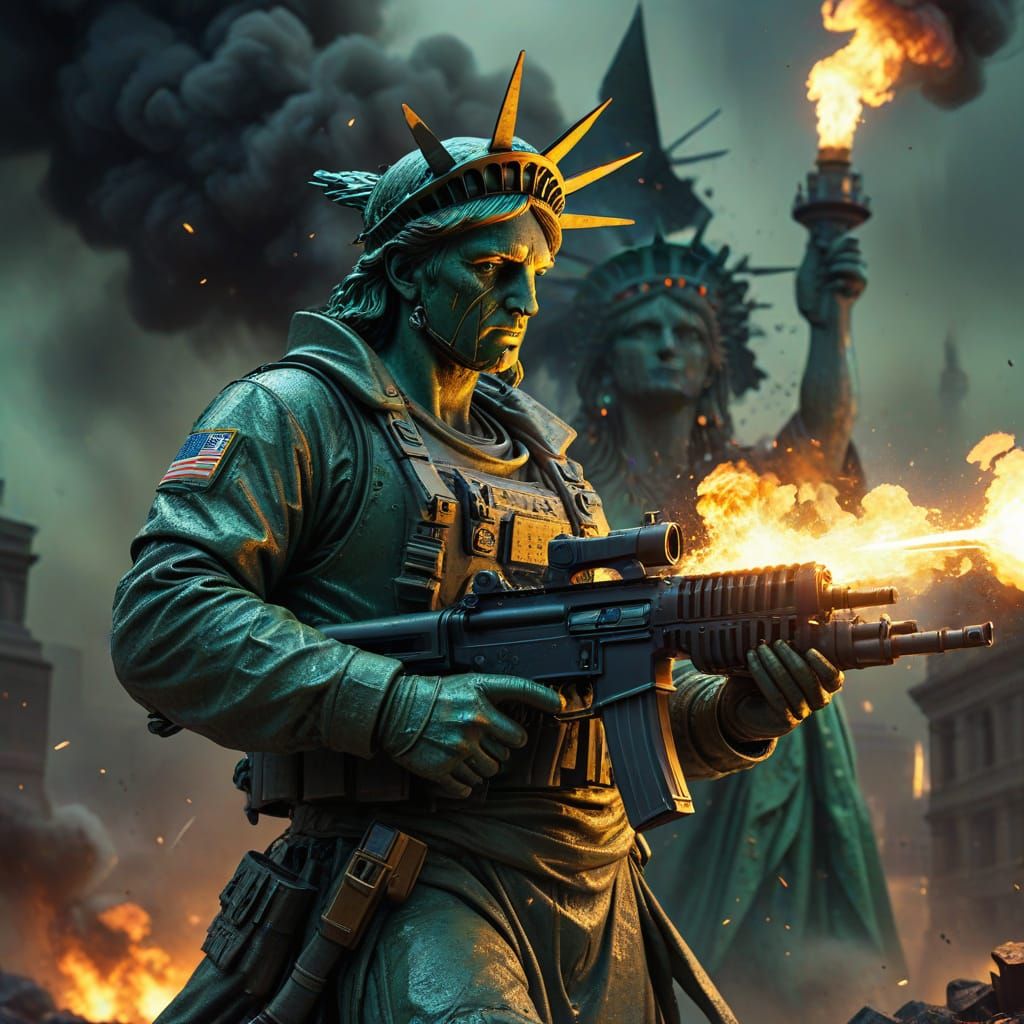 Dystopian Statue of Liberty with Machine Gun